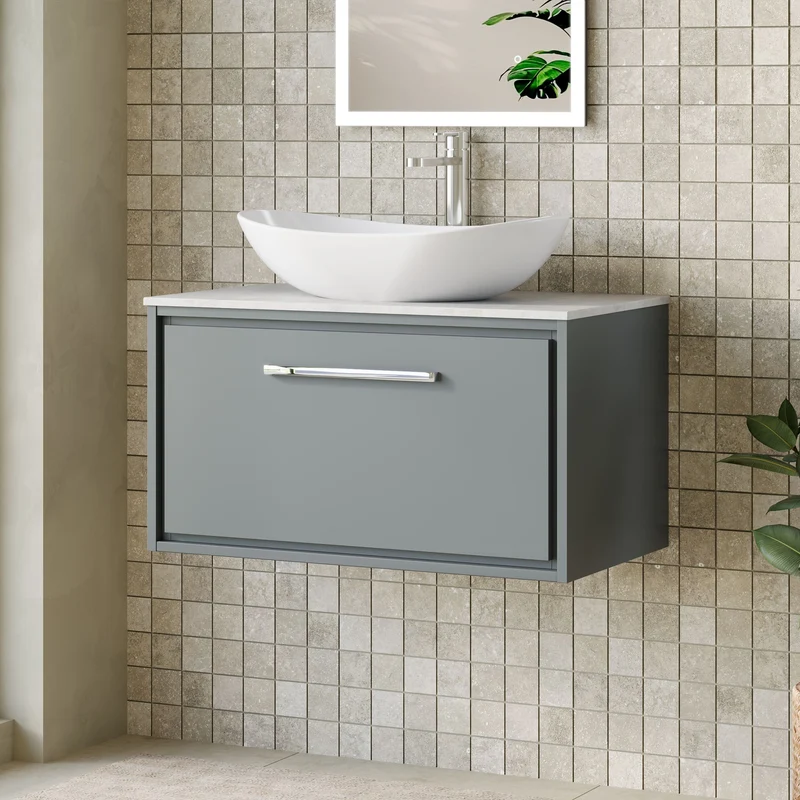 Lille 800mm Wall Hung 1 Drawer Vanity Unit & White Marble Worktop - Coastal Grey Matt