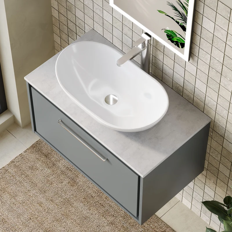 Lille 800mm Wall Hung 1 Drawer Vanity Unit & White Marble Worktop - Coastal Grey Matt