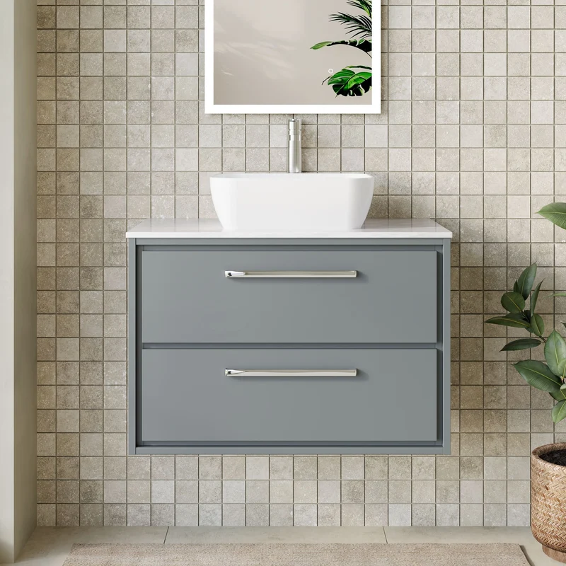 Lille 800mm Wall Hung 2 Drawer Vanity Unit & Grey Marble Worktop - Coastal Grey Matt