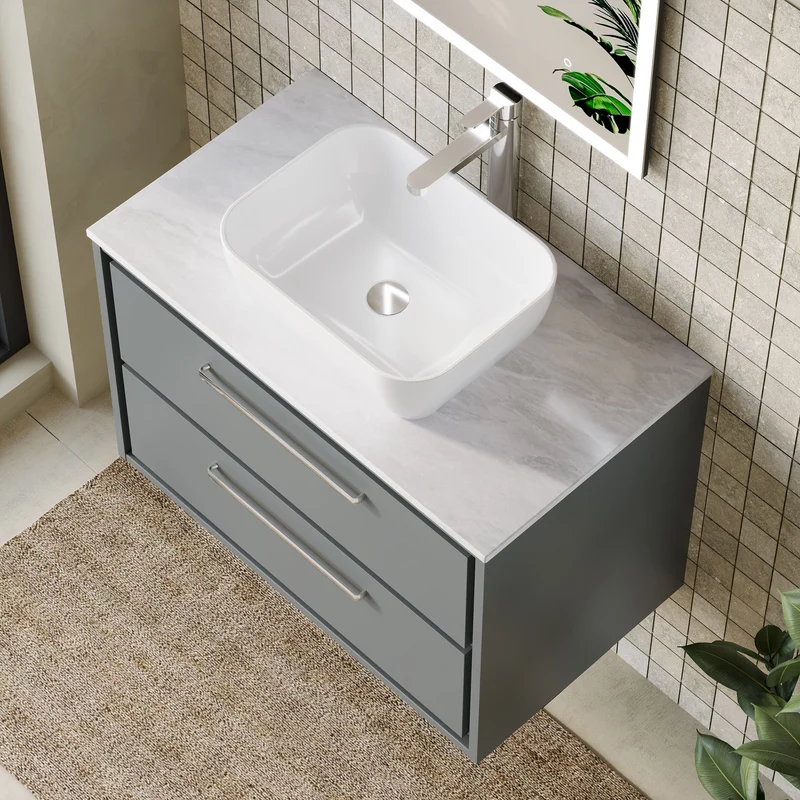 Lille 800mm Wall Hung 2 Drawer Vanity Unit & Grey Marble Worktop - Coastal Grey Matt