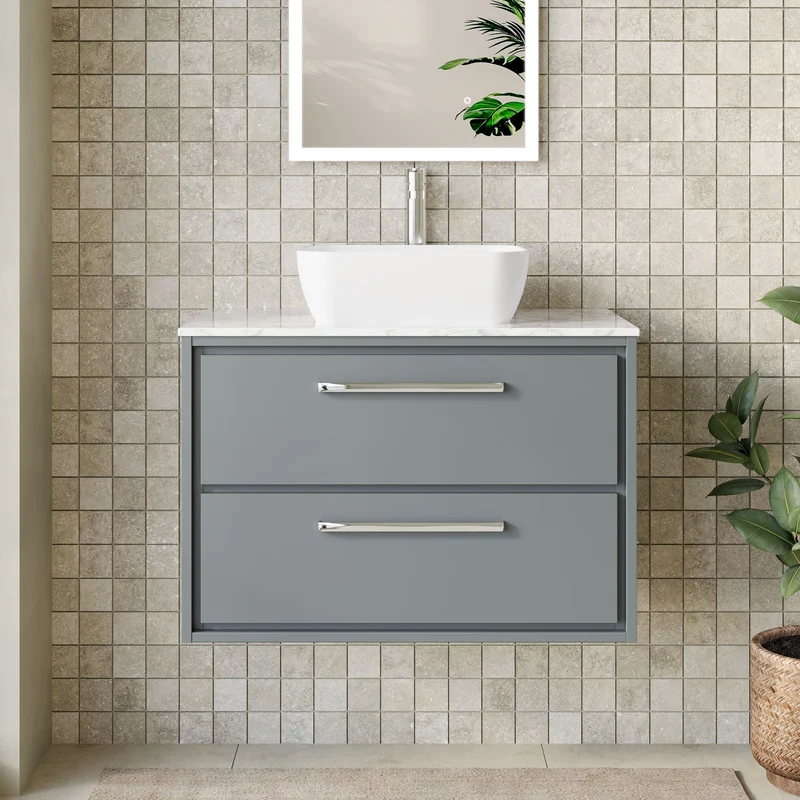 Lille 800mm Wall Hung 2 Drawer Vanity Unit & Carrera Marble Worktop - Coastal Grey Matt
