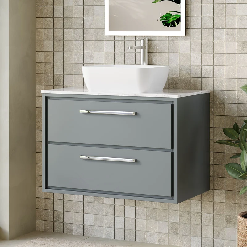 Lille 800mm Wall Hung 2 Drawer Vanity Unit & Carrera Marble Worktop - Coastal Grey Matt