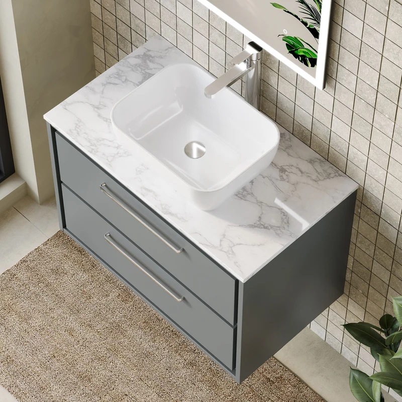 Lille 800mm Wall Hung 2 Drawer Vanity Unit & Carrera Marble Worktop - Coastal Grey Matt
