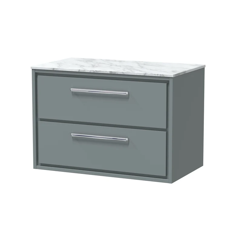Lille 800mm Wall Hung 2 Drawer Vanity Unit & Carrera Marble Worktop - Coastal Grey Matt