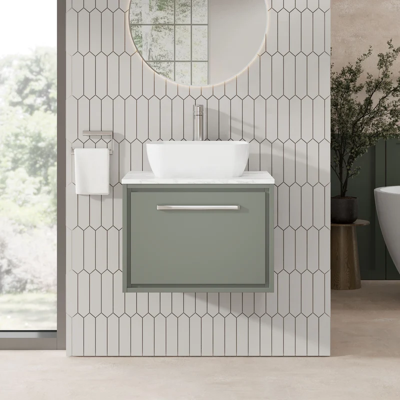 Lille 600mm Wall Hung 1 Drawer Vanity Unit & Carrera Marble Worktop - Fern Green Matt