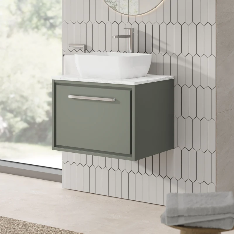 Lille 600mm Wall Hung 1 Drawer Vanity Unit & Carrera Marble Worktop - Fern Green Matt