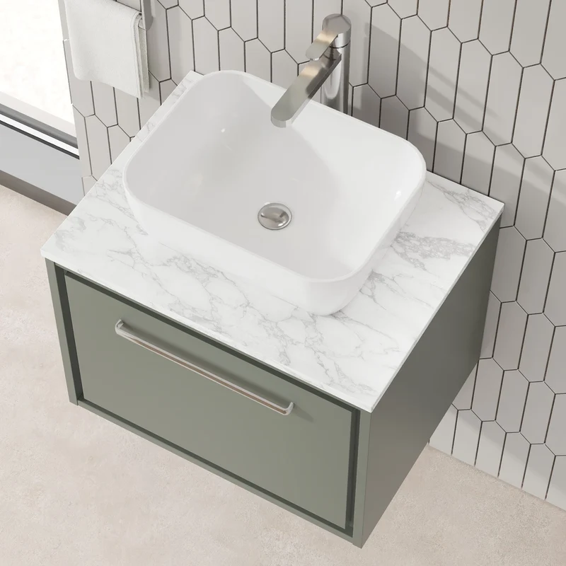 Lille 600mm Wall Hung 1 Drawer Vanity Unit & Carrera Marble Worktop - Fern Green Matt