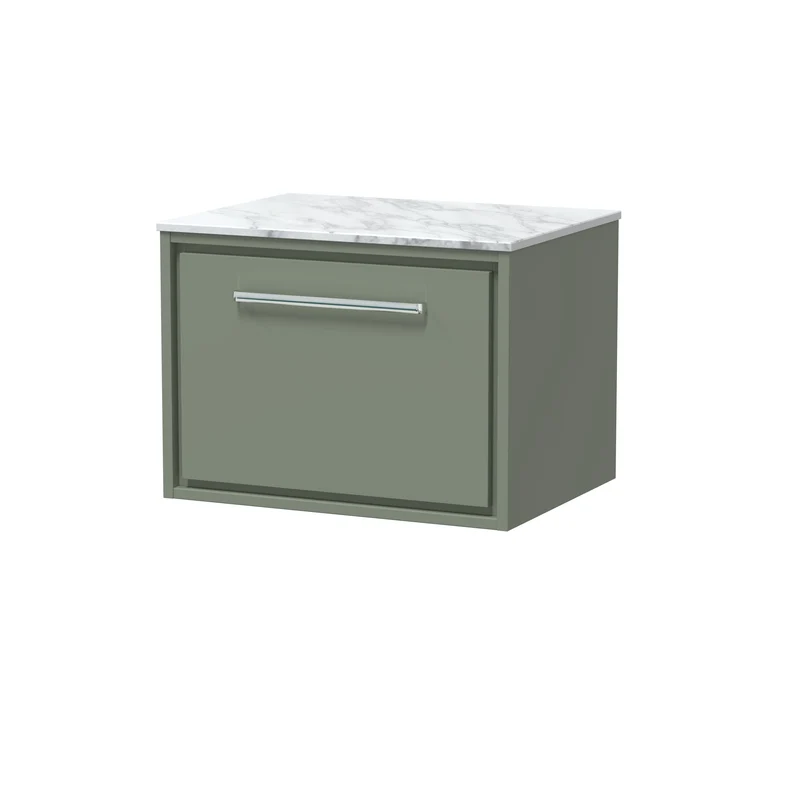 Lille 600mm Wall Hung 1 Drawer Vanity Unit & Carrera Marble Worktop - Fern Green Matt