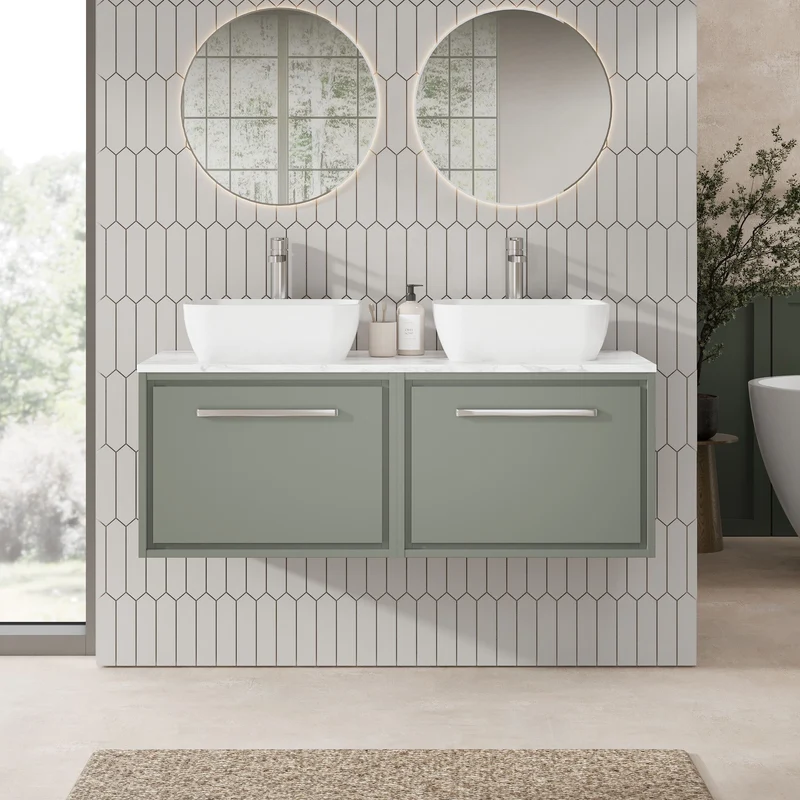 Lille 1200mm Wall Hung 2 Drawer Vanity Unit & Carrera Marble Worktop - Fern Green Matt
