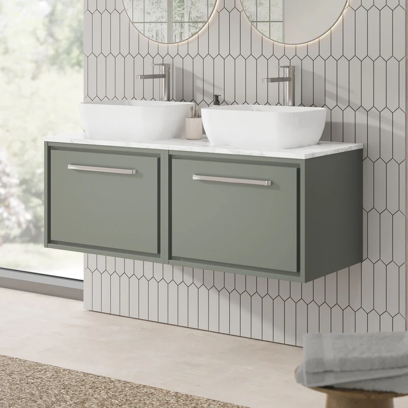 Lille 1200mm Wall Hung 2 Drawer Vanity Unit & Carrera Marble Worktop - Fern Green Matt
