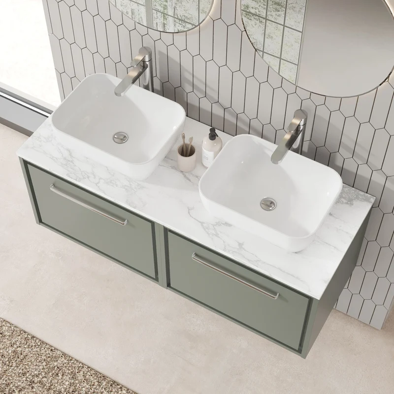 Lille 1200mm Wall Hung 2 Drawer Vanity Unit & Carrera Marble Worktop - Fern Green Matt