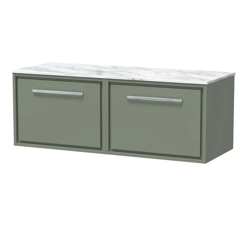 Lille 1200mm Wall Hung 2 Drawer Vanity Unit & Carrera Marble Worktop - Fern Green Matt