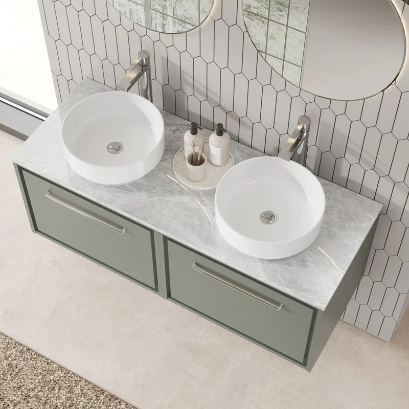Lille 1200mm Wall Hung 2 Drawer Vanity Unit & Grey Marble Worktop - Fern Green Matt