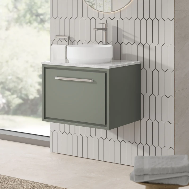 Lille 600mm Wall Hung 1 Drawer Vanity Unit & Grey Marble Worktop - Fern Green Matt