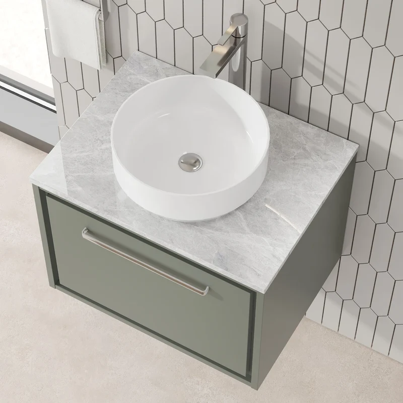 Lille 600mm Wall Hung 1 Drawer Vanity Unit & Grey Marble Worktop - Fern Green Matt