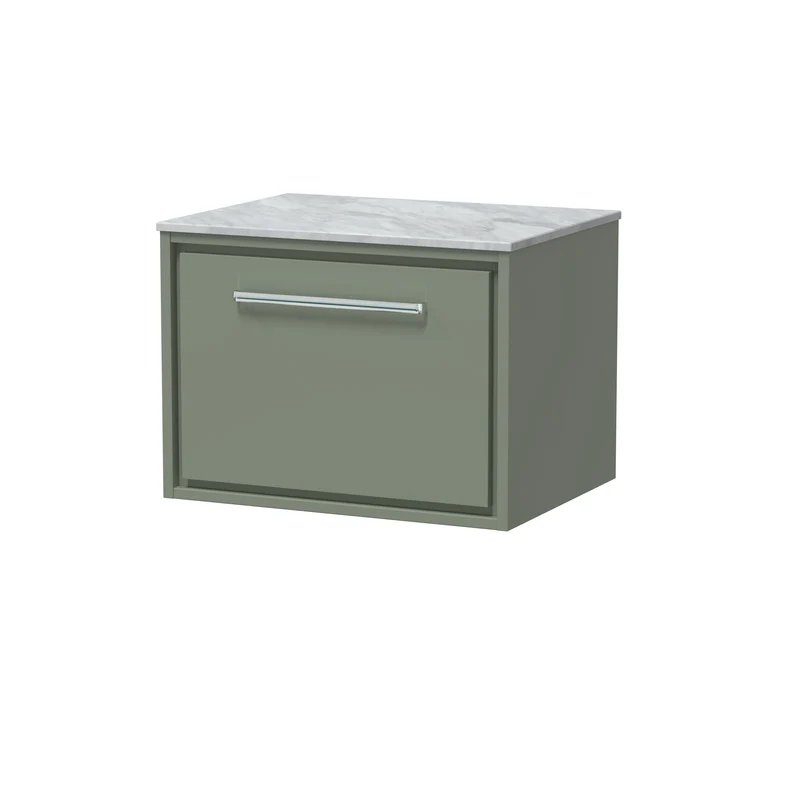 Lille 600mm Wall Hung 1 Drawer Vanity Unit & Grey Marble Worktop - Fern Green Matt