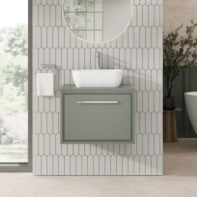 Lille 600mm Wall Hung 1 Drawer Vanity Unit & Worktop - Fern Green Matt