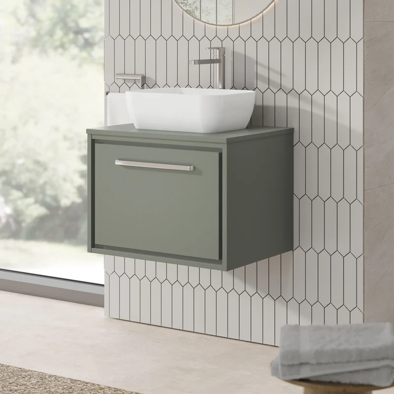 Lille 600mm Wall Hung 1 Drawer Vanity Unit & Worktop - Fern Green Matt