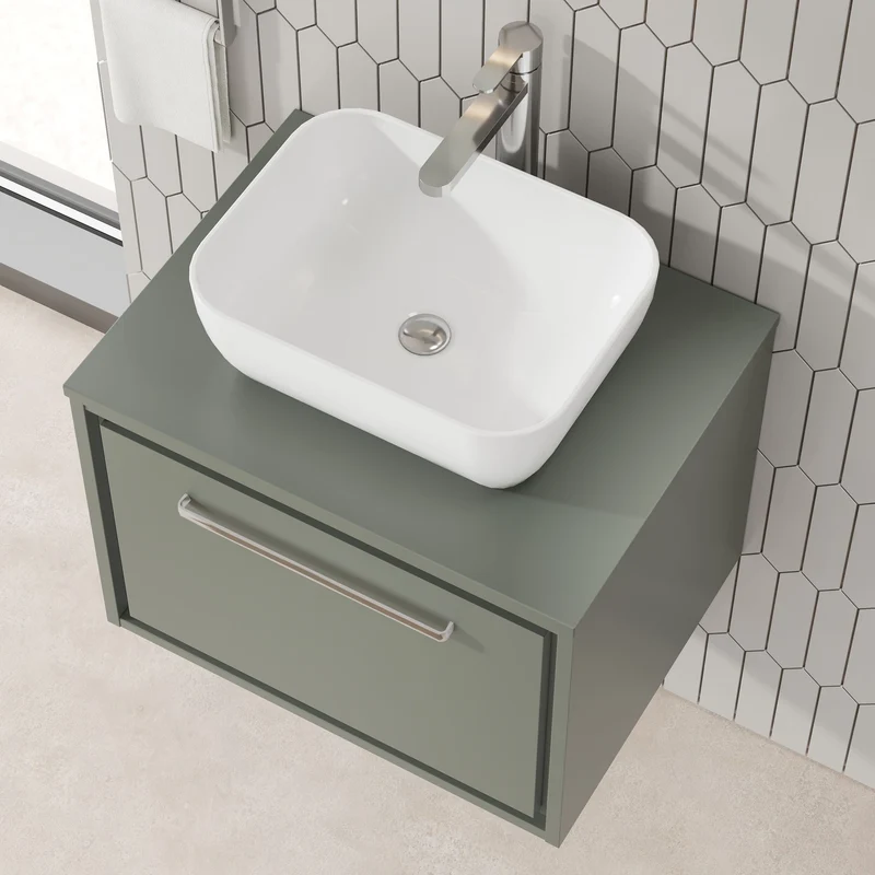 Lille 600mm Wall Hung 1 Drawer Vanity Unit & Worktop - Fern Green Matt