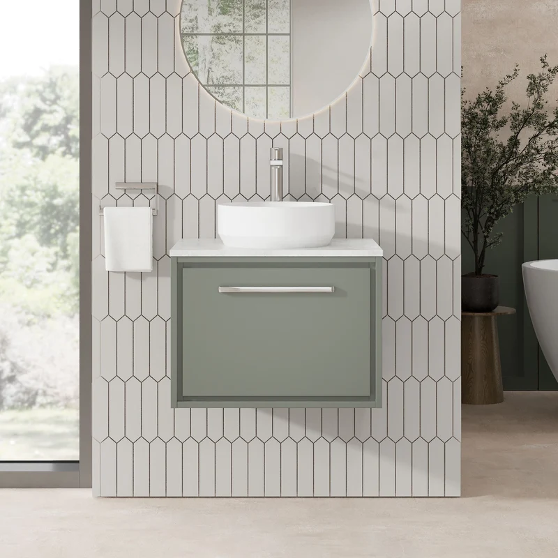 Lille 600mm Wall Hung 1 Drawer Vanity Unit & White Marble Worktop - Fern Green Matt