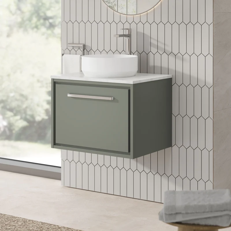 Lille 600mm Wall Hung 1 Drawer Vanity Unit & White Marble Worktop - Fern Green Matt