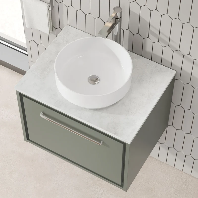 Lille 600mm Wall Hung 1 Drawer Vanity Unit & White Marble Worktop - Fern Green Matt