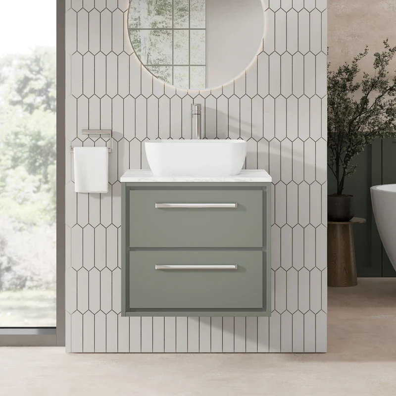 Lille 600mm Wall Hung 2 Drawer Vanity Unit & Carrera Marble Worktop - Fern Green Matt