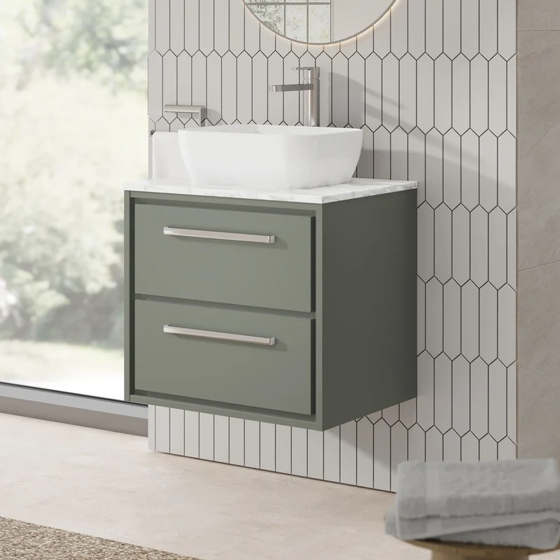 Lille 600mm Wall Hung 2 Drawer Vanity Unit & Carrera Marble Worktop - Fern Green Matt