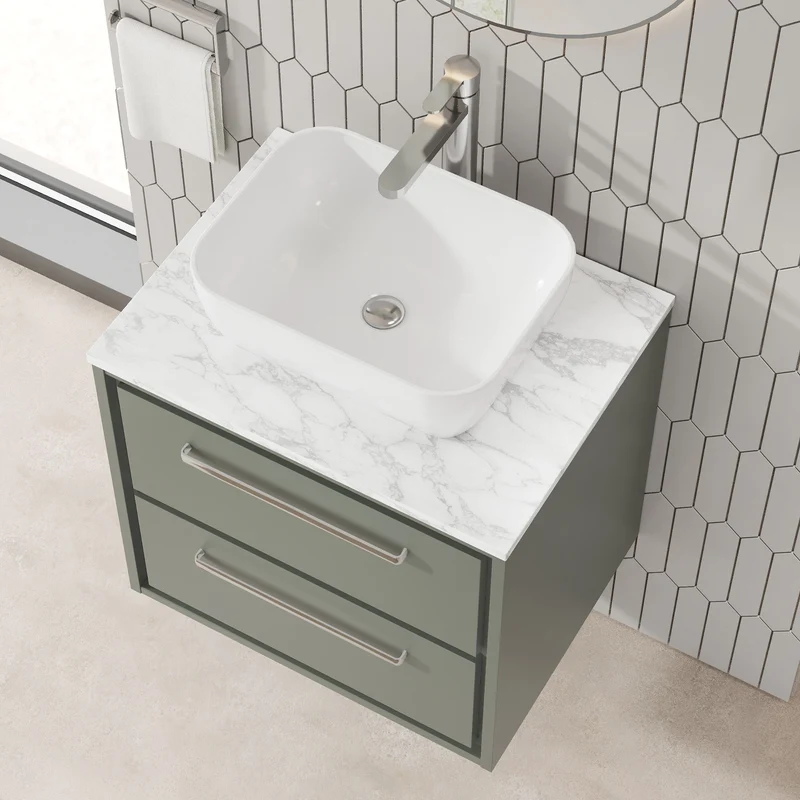 Lille 600mm Wall Hung 2 Drawer Vanity Unit & Carrera Marble Worktop - Fern Green Matt
