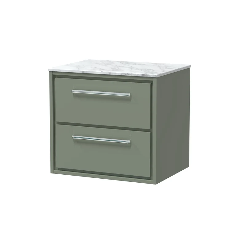 Lille 600mm Wall Hung 2 Drawer Vanity Unit & Carrera Marble Worktop - Fern Green Matt