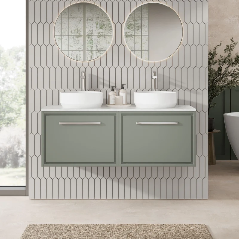 Lille 1200mm Wall Hung 2 Drawer Vanity Unit & White Marble Worktop - Fern Green Matt