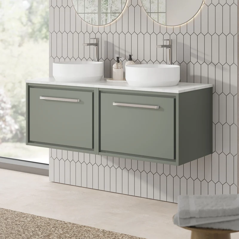 Lille 1200mm Wall Hung 2 Drawer Vanity Unit & White Marble Worktop - Fern Green Matt