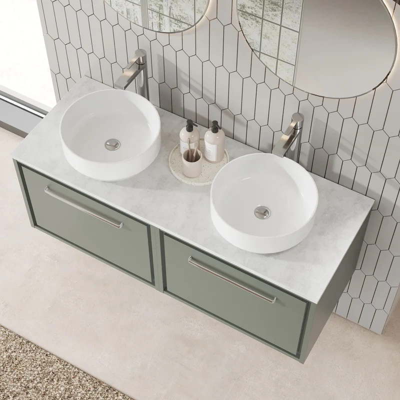 Lille 1200mm Wall Hung 2 Drawer Vanity Unit & White Marble Worktop - Fern Green Matt