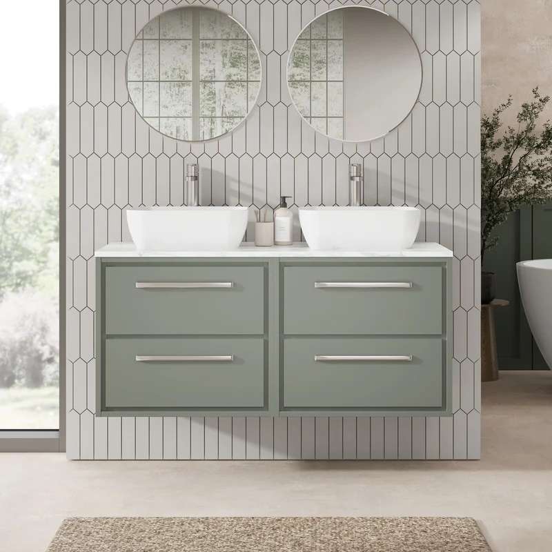 Lille 1200mm Wall Hung 4 Drawer Vanity Unit & Carrera Marble Worktop - Fern Green Matt