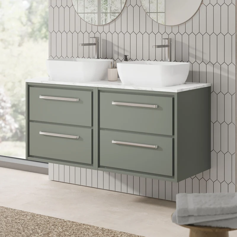 Lille 1200mm Wall Hung 4 Drawer Vanity Unit & Carrera Marble Worktop - Fern Green Matt