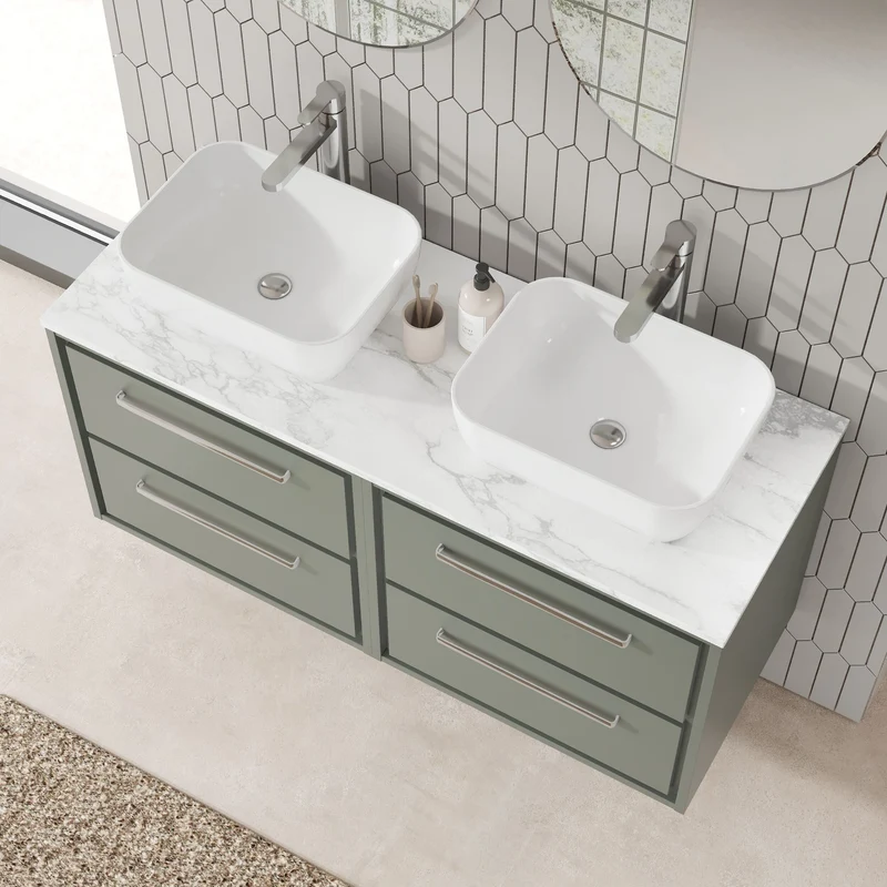 Lille 1200mm Wall Hung 4 Drawer Vanity Unit & Carrera Marble Worktop - Fern Green Matt