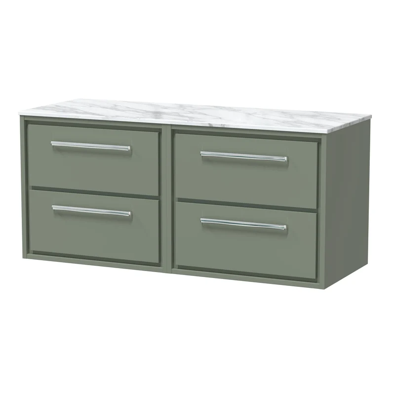 Lille 1200mm Wall Hung 4 Drawer Vanity Unit & Carrera Marble Worktop - Fern Green Matt
