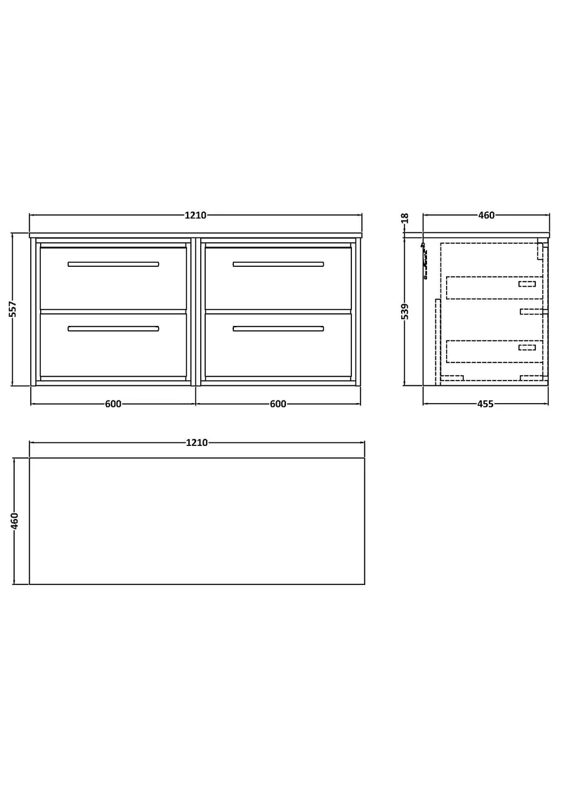 Lille 1200mm Wall Hung 4 Drawer Vanity Unit & Carrera Marble Worktop - Fern Green Matt