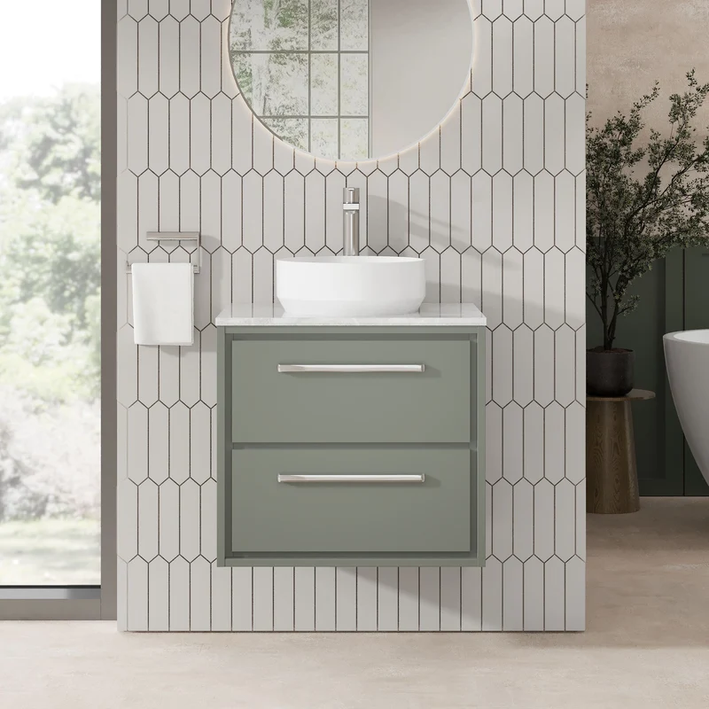 Lille 600mm Wall Hung 2 Drawer Vanity Unit & Grey Marble Worktop - Fern Green Matt