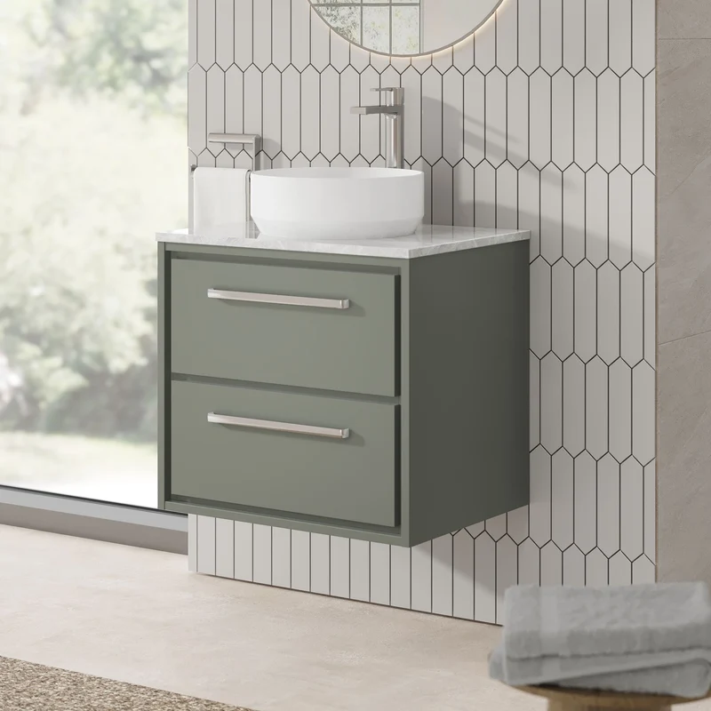 Lille 600mm Wall Hung 2 Drawer Vanity Unit & Grey Marble Worktop - Fern Green Matt
