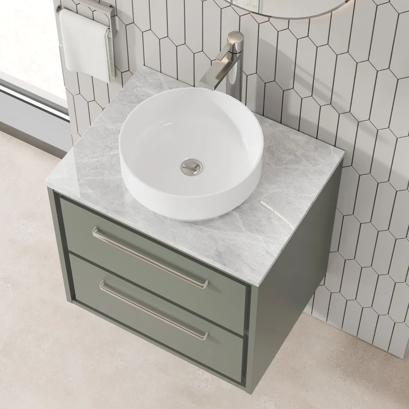 Lille 600mm Wall Hung 2 Drawer Vanity Unit & Grey Marble Worktop - Fern Green Matt