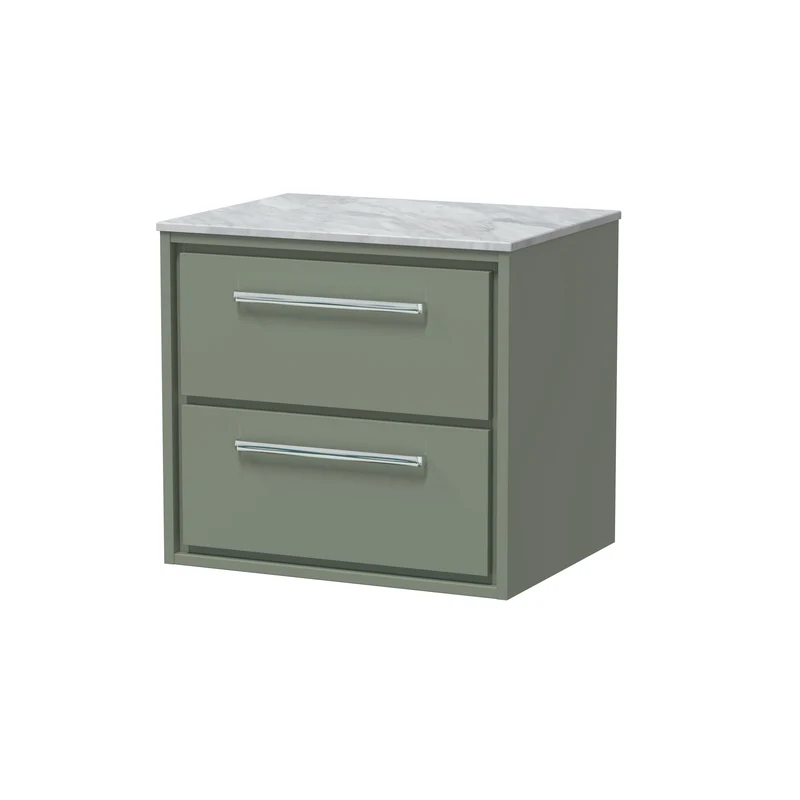 Lille 600mm Wall Hung 2 Drawer Vanity Unit & Grey Marble Worktop - Fern Green Matt