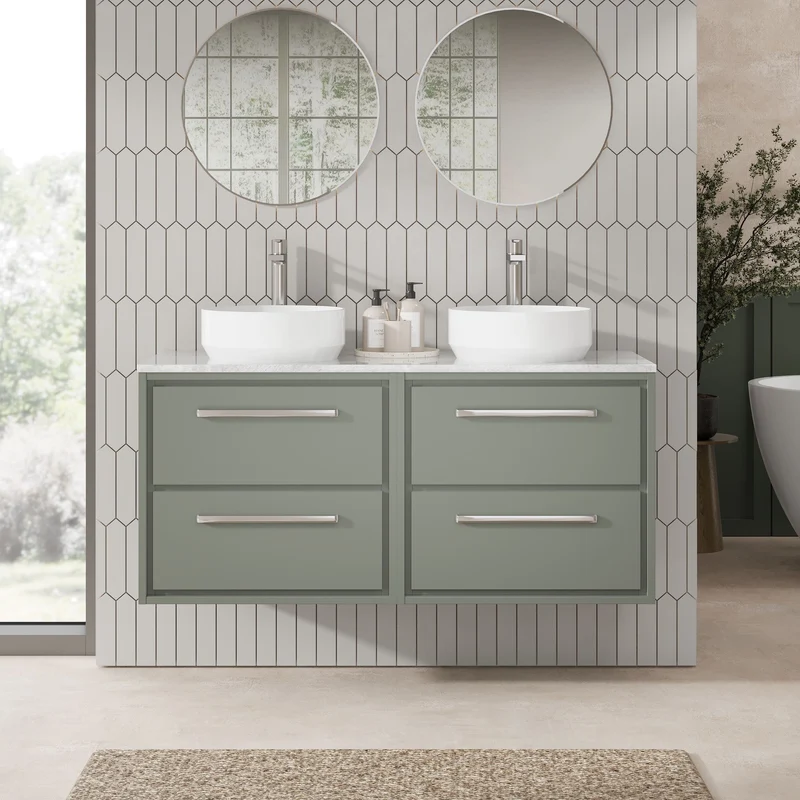 Lille 1200mm Wall Hung 4 Drawer Vanity Unit & Grey Marble Worktop - Fern Green Matt