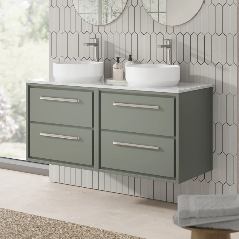 Lille 1200mm Wall Hung 4 Drawer Vanity Unit & Grey Marble Worktop - Fern Green Matt