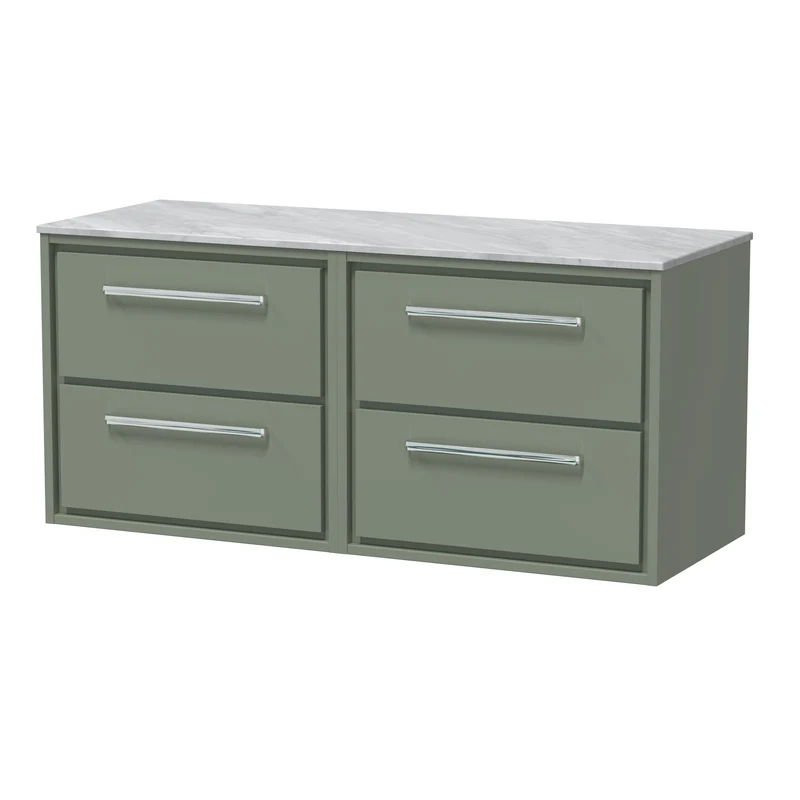 Lille 1200mm Wall Hung 4 Drawer Vanity Unit & Grey Marble Worktop - Fern Green Matt