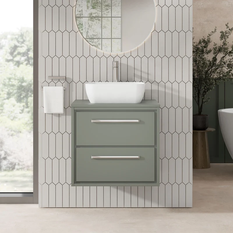 Lille 600mm Wall Hung 2 Drawer Vanity Unit & Worktop - Fern Green Matt