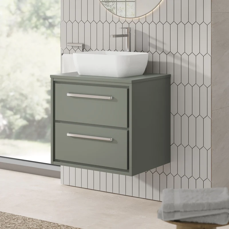 Lille 600mm Wall Hung 2 Drawer Vanity Unit & Worktop - Fern Green Matt