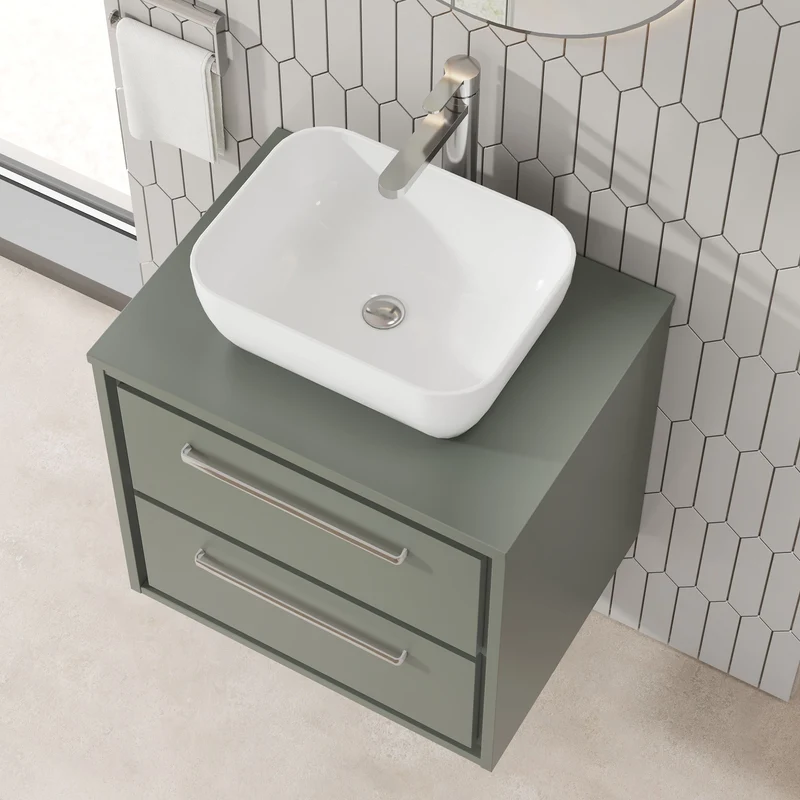 Lille 600mm Wall Hung 2 Drawer Vanity Unit & Worktop - Fern Green Matt