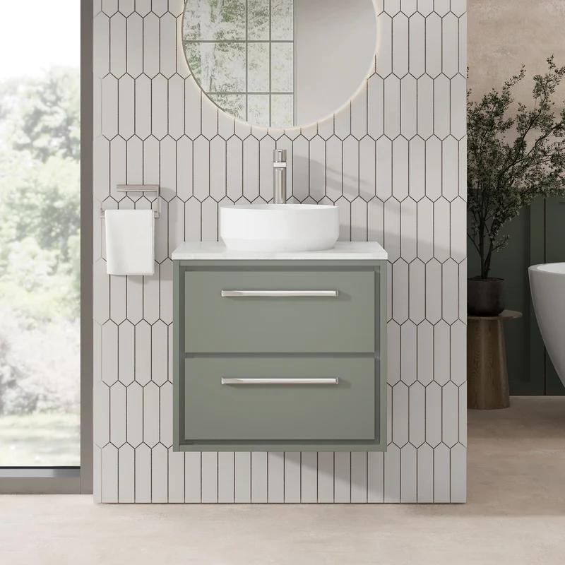 Lille 600mm Wall Hung 2 Drawer Vanity Unit & White Marble Worktop - Fern Green Matt