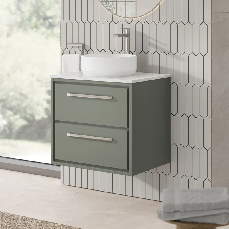 Lille 600mm Wall Hung 2 Drawer Vanity Unit & White Marble Worktop - Fern Green Matt